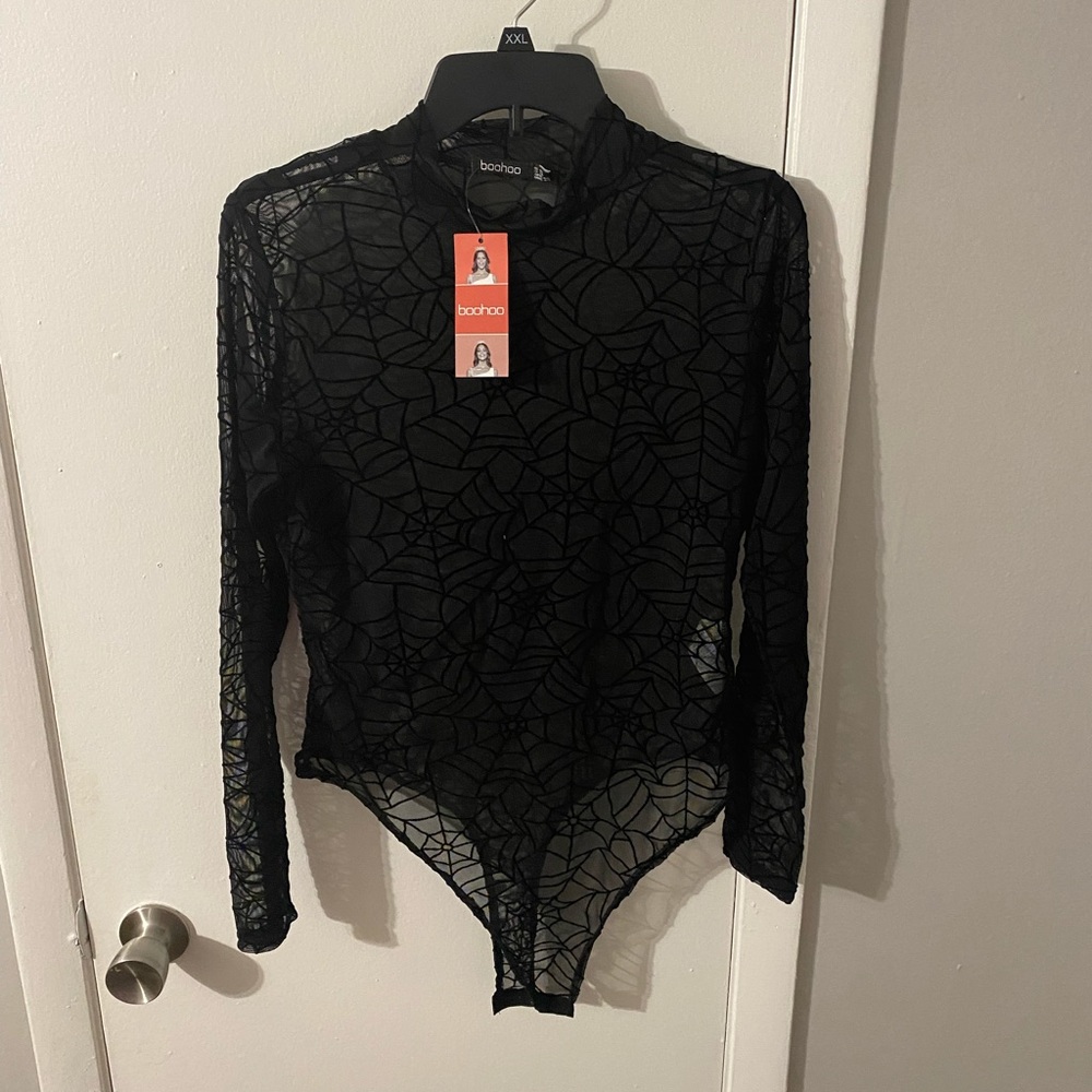 Spider Web Print Black Mesh Bodysuit